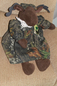 Mossy Oak BU Camo Vintage-Style Moose Plush Stuffed Animal Dress Moose Doll 26", Artisan, Handcrafted in USA - Camo Chique & Spa Boutique