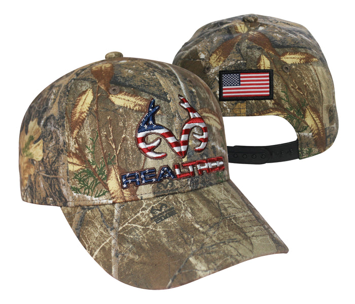 Realtree Patriotic 3D Logo Flag Cap Hat, Classic Precurved, Sweatband, Snapback, Embroidered Antler Logo USA Flag Patch Americana Cap Hat