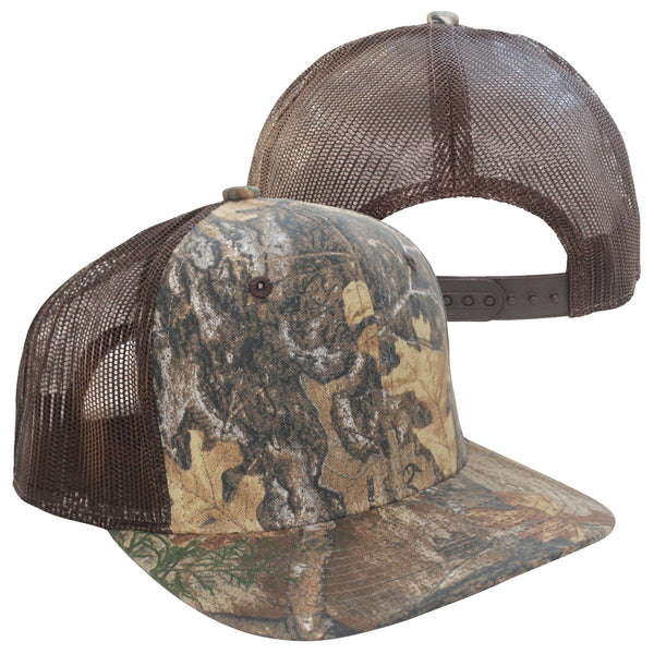 Realtree Edge Flat Bill Brown Mesh Back Classic High Crown Trucker Hat Cap with Sweatband