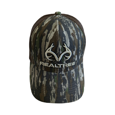 Realtree Original 3D Camo Logo Trucker Cap Hat, Curved Bill, Brown Mesh Back, Snapback, Wicking Sweatband - Camo Chique & Spa Boutique