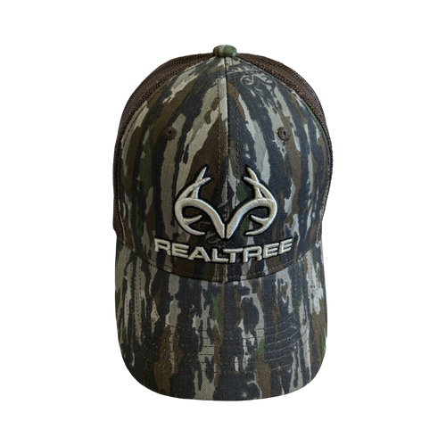 Realtree Original 3D Camo Logo Trucker Cap Hat, Curved Bill, Brown Mesh Back, Snapback, Wicking Sweatband - Camo Chique & Spa Boutique