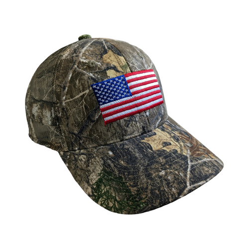Realtree Patriotic American Flag Camo Logo Trucker Cap Hat, RT EDGE, Curved Bill, Mesh Back, Snapback, Wicking Sweatband - Camo Chique & Spa Boutique