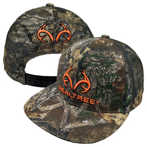Realtree Edge 3D  Blaze Orange Logo Flat Mesh Camo Trucker Cap Hat Snapback Mid Profile Structured Wicking Sweatband - Camo Chique & Spa Boutique