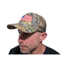 Load image into Gallery viewer, Patriotic Realtree Edge USA American Flag Camo Mesh Hunting Cap Hat - Low-Mid Profile Snapback Hunting Camo Hat - Camo Chique &amp; Spa Boutique
