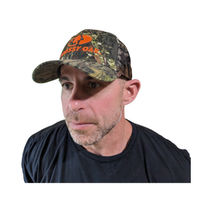 Mossy Oak New Break Up Blaze Orange 3D Logo Hunting Camo Precurved Trucker Hat Cap - Camouflage MOBU Mesh Back, Snap Back, Low-Mid Crown, Structured Hunters Hat Cap - Camo Chique & Spa Boutique