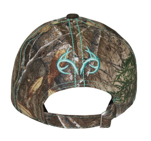 Realtree Teal Turquoise Blue Green Logo Camo Cap Hat Visor for Women, RT Edge, Structured, Mid Profile, Precurved Visor, Q-3 Wicking Sweatband - Camo Chique & Spa Boutique