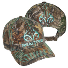 Load image into Gallery viewer, Realtree Teal Turquoise Blue Green Logo Camo Cap Hat Visor for Women, RT Edge, Structured, Mid Profile, Precurved Visor, Q-3 Wicking Sweatband - Camo Chique &amp; Spa Boutique

