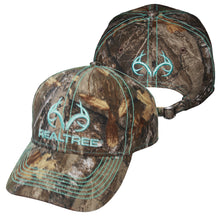 Load image into Gallery viewer, Realtree Turquoise Teal Blue Green Logo Camo Cap Hat Visor for Women, RT Edge, Structured, Mid Profile, Precurved Visor, Q-3 Wicking Sweatband - Camo Chique &amp; Spa Boutique
