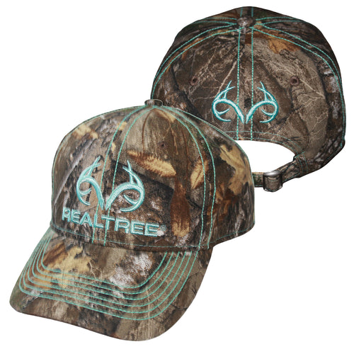 Realtree Turquoise Teal Blue Green Logo Camo Cap Hat Visor for Women, RT Edge, Structured, Mid Profile, Precurved Visor, Q-3 Wicking Sweatband - Camo Chique & Spa Boutique