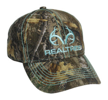 Load image into Gallery viewer, Realtree Teal Turquoise Blue Green Logo Camo Cap Hat Visor for Women, RT Edge, Structured, Mid Profile, Precurved Visor, Q-3 Wicking Sweatband - Camo Chique &amp; Spa Boutique
