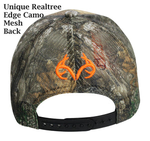 Realtree Blaze Orange Antler Logo Edge Camo Mesh Back Trucker Hat, Low-Mid Profile, Curved Visor, Sweatband, Back Realtree Embroidered Trademark - Camo Chique & Spa Boutique