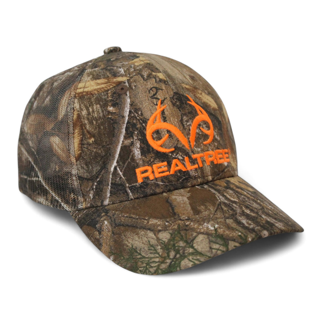 Realtree RT Edge Blaze Logo Camo Mesh Trucker Cap Hat Snapback Wicking Sweatband Mid Profile Structured Precurved Visor Camouflage Cap Hat - Camo Chique & Spa Boutique