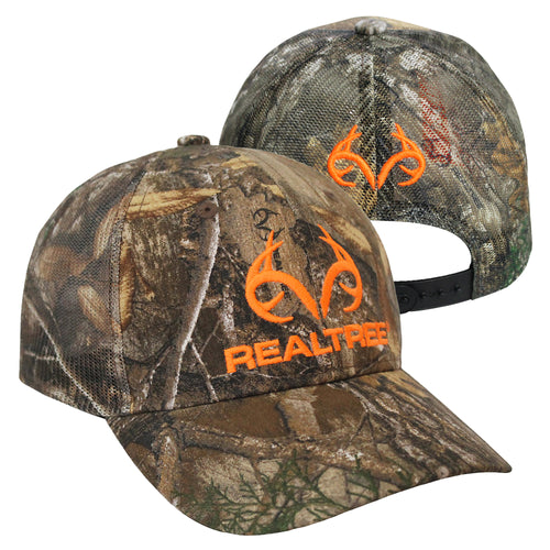 Realtree Blaze Orange Antler Logo Edge Camo Mesh Back Trucker Hat, Low-Mid Profile, Curved Visor, Sweatband, Back Realtree Embroidered Trademark - Camo Chique & Spa Boutique