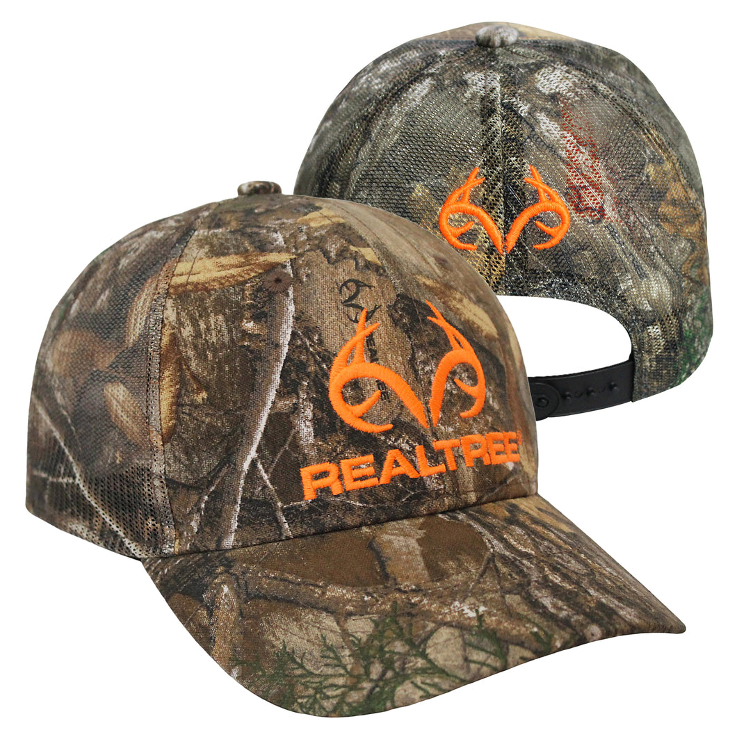 Realtree Blaze Orange Antler Logo Edge Camo Mesh Back Trucker Hat, Low-Mid Profile, Curved Visor, Sweatband, Back Realtree Embroidered Trademark - Camo Chique & Spa Boutique