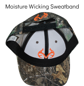 Realtree Edge Blaze Logo Camo Mesh Trucker Cap Hat Snapback Wicking Sweatband Mid Profile Structured Precurved Visor Camouflage Cap Hat - Camo Chique & Spa Boutique