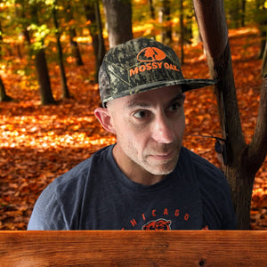 Mossy Oak Blaze Orange Logo Camo Mesh Back Flat Bill Mid-Profile Trucker Hat Cap (Modern Trucker Mid Crown) - Camo Chique & Spa Boutique