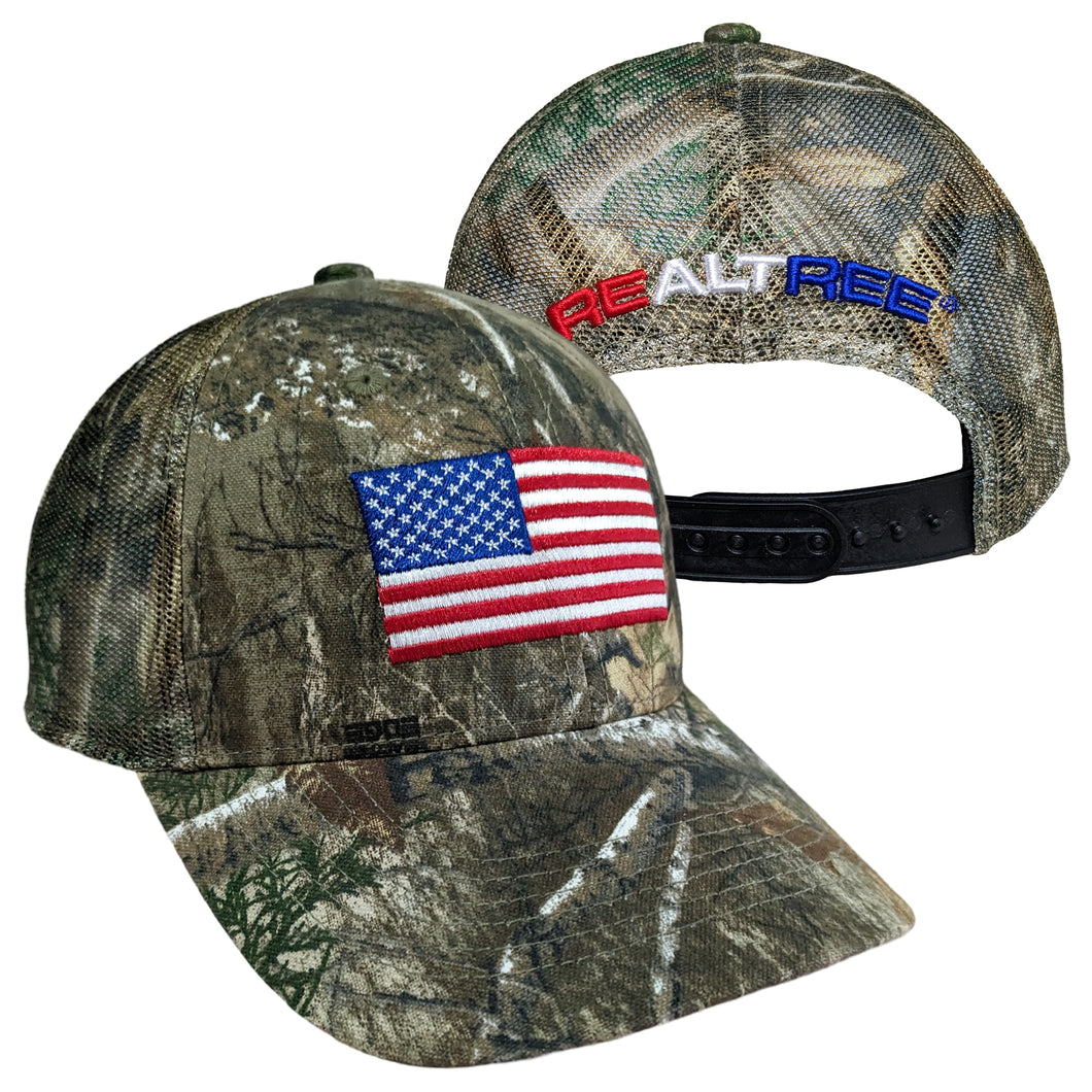 Mens Realtree Edge American Flag Patriotic Mesh Hunting Camo Precurved Trucker Cap Hat - Low-Mid Profile Snapback Hunting Camo Hat - Camo Chique & Spa Boutique