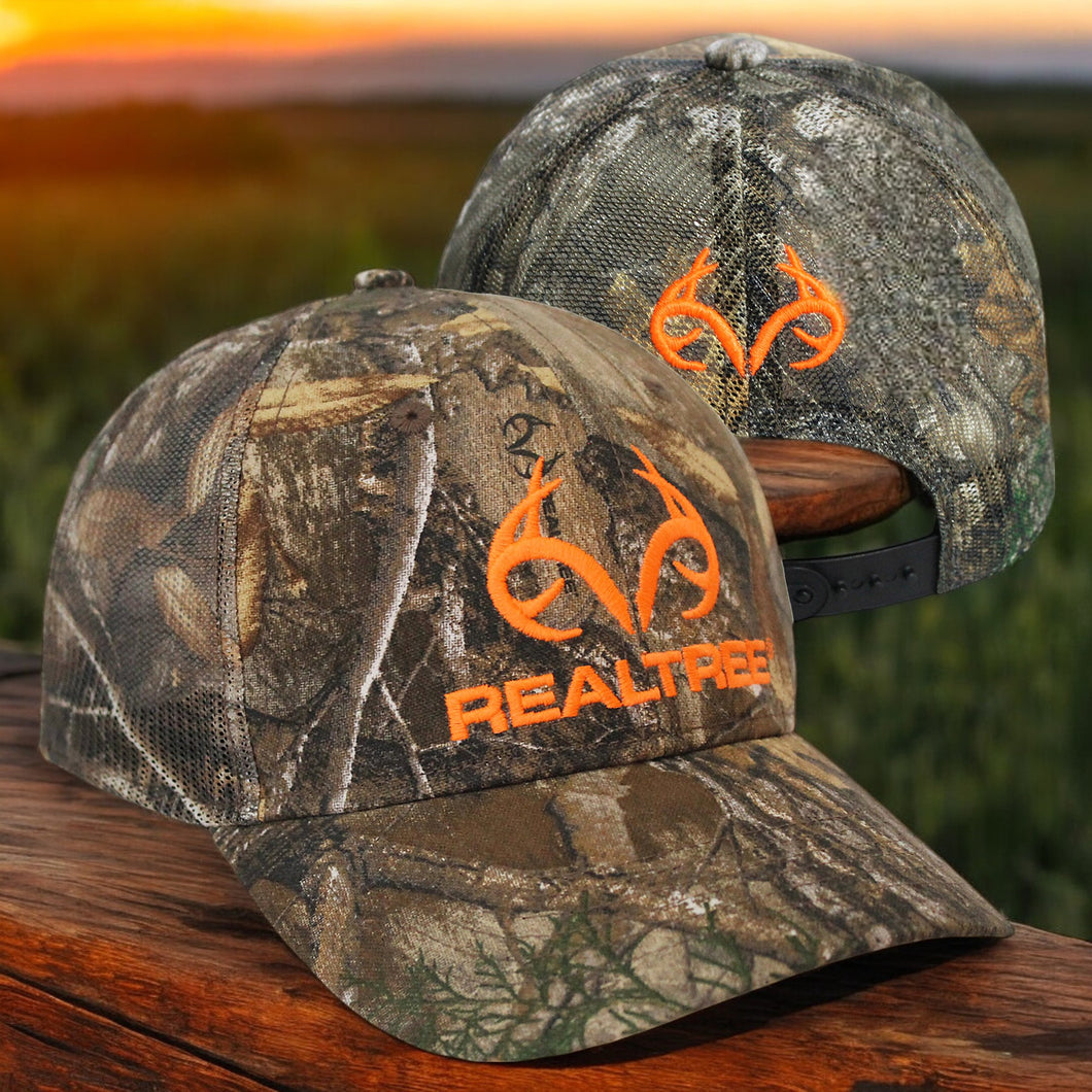 Realtree Edge Blaze Logo Camo Mesh Trucker Cap Hat Snapback Wicking Sweatband Low-Mid Profile Structured Precurved Visor Camouflage Cap Hat