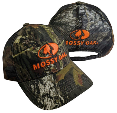 Mossy Oak New Break Up Blaze Orange 3D Logo Hunting Camo Precurved Trucker Hat Cap - Camouflage MOBU Mesh Back, Snap Back, Low-Mid Crown, Structured Hunters Hat Cap - Camo Chique & Spa Boutique