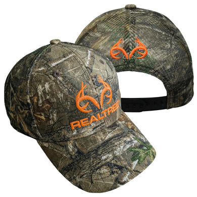 realtree mossy oak true timber blaze orange logo front back mesh back snapback mid crown camo camouflage logo trucker cap hat visor