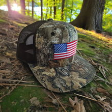 Load image into Gallery viewer, Mens Realtree Edge Patriotic US USA American Flag High Crown Camo Trucker Hat Cap - Brown Mesh Back, Snapback, Wicking Sweatband - Camo Chique &amp; Spa Boutique
