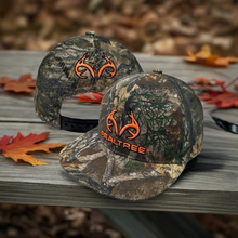 Load image into Gallery viewer, Mens Realtree Edge 3D  Blaze Orange Logo Mid Crown Modern Trucker | Flat Bill Mesh Camo Trucker Cap Hat Snapback Mid Profile Structured Wicking Sweatband - Camo Chique &amp; Spa Boutique
