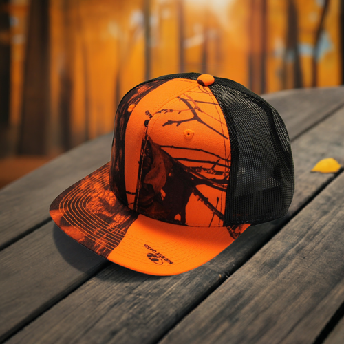 Mossy Oak Break Up Blaze Orange High Crown Throwback Trucker Cap Hat Blaze Orange Camo Mesh Snap Back - Camo Chique & Spa Boutique