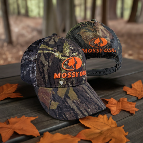 Mossy Oak Break Up Blaze Orange 3D Logo Hunting Camo Precurved Mesh Trucker Hat Cap - Camouflage MOBU Mesh Back, Snap Back, Low-Mid Crown, Structured Hunters Hat Cap - Camo Chique & Spa Boutique