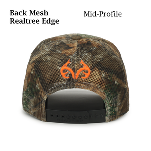 Realtree Edge Blaze Logo Camo Mesh Trucker Cap Hat Snapback Wicking Sweatband Mid Profile Structured Precurved Visor Camouflage Cap Hat - Camo Chique & Spa Boutique