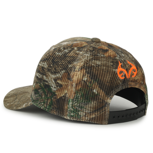 Realtree Edge Blaze Logo Camo Mesh Trucker Cap Hat Snapback Wicking Sweatband Mid Profile Structured Precurved Visor Camouflage Cap Hat - Camo Chique & Spa Boutique