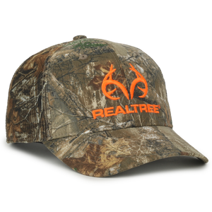 Realtree Edge Blaze Logo Camo Mesh Trucker Cap Hat Snapback Wicking Sweatband Mid Profile Structured Precurved Visor Camouflage Cap Hat - Camo Chique & Spa Boutique