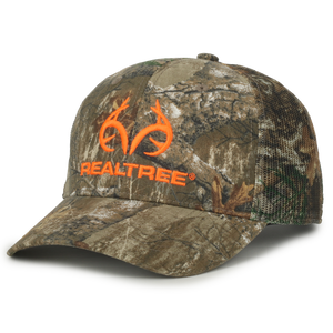 Realtree Edge Blaze Logo Camo Mesh Trucker Cap Hat Snapback Wicking Sweatband Mid Profile Structured Precurved Visor Camouflage Cap Hat - Camo Chique & Spa Boutique