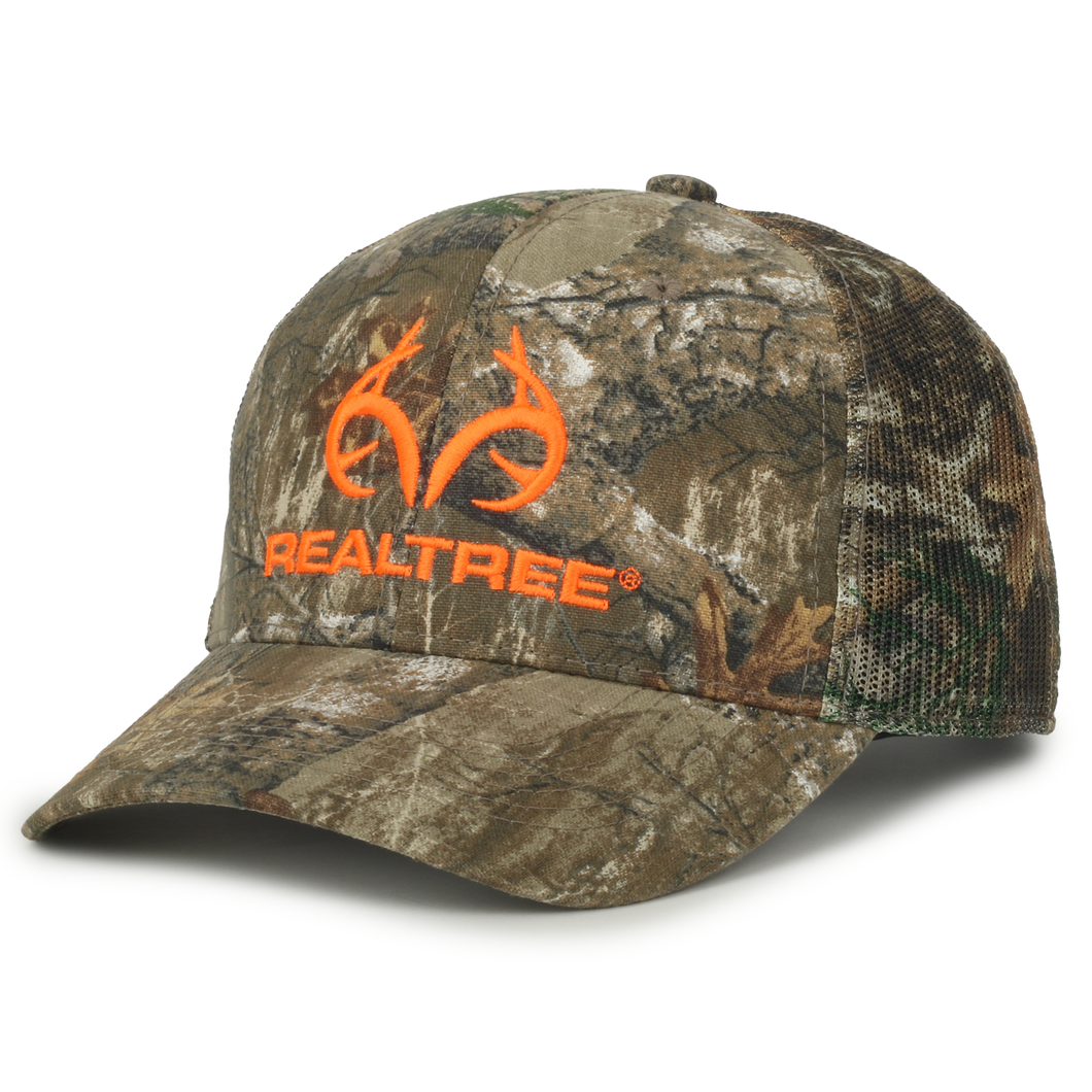 Realtree Edge Blaze Logo Camo Mesh Trucker Cap Hat Snapback Wicking Sweatband Mid Profile Structured Precurved Visor Camouflage Cap Hat - Camo Chique & Spa Boutique