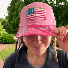 Load image into Gallery viewer, Womens Realtree AP Hot Pink Heart Frayed Flag Unique One of a Kind Camo Hat Cap, Ladies Fit - Camo Chique &amp; Spa Boutique
