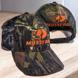 Mens Mossy Oak BU Blaze Orange 3D Logo Hunting Camo Precurved Mesh Trucker Hat Cap - Camouflage MOBU Mesh Back, Snap Back, Low-Mid Crown, Structured Hunters Hat Cap - Camo Chique & Spa Boutique