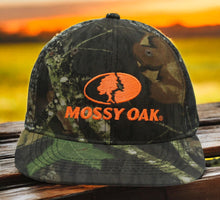 Load image into Gallery viewer, Mossy Oak Blaze Orange Logo Camo Mesh Back Flat Bill Mid-Profile Trucker Hat Cap (Modern Trucker Mid Crown) - Camo Chique &amp; Spa Boutique
