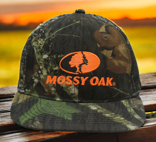 Mossy Oak Blaze Orange Logo Camo Mesh Back Flat Bill Mid-Profile Trucker Hat Cap (Modern Trucker Mid Crown) - Camo Chique & Spa Boutique