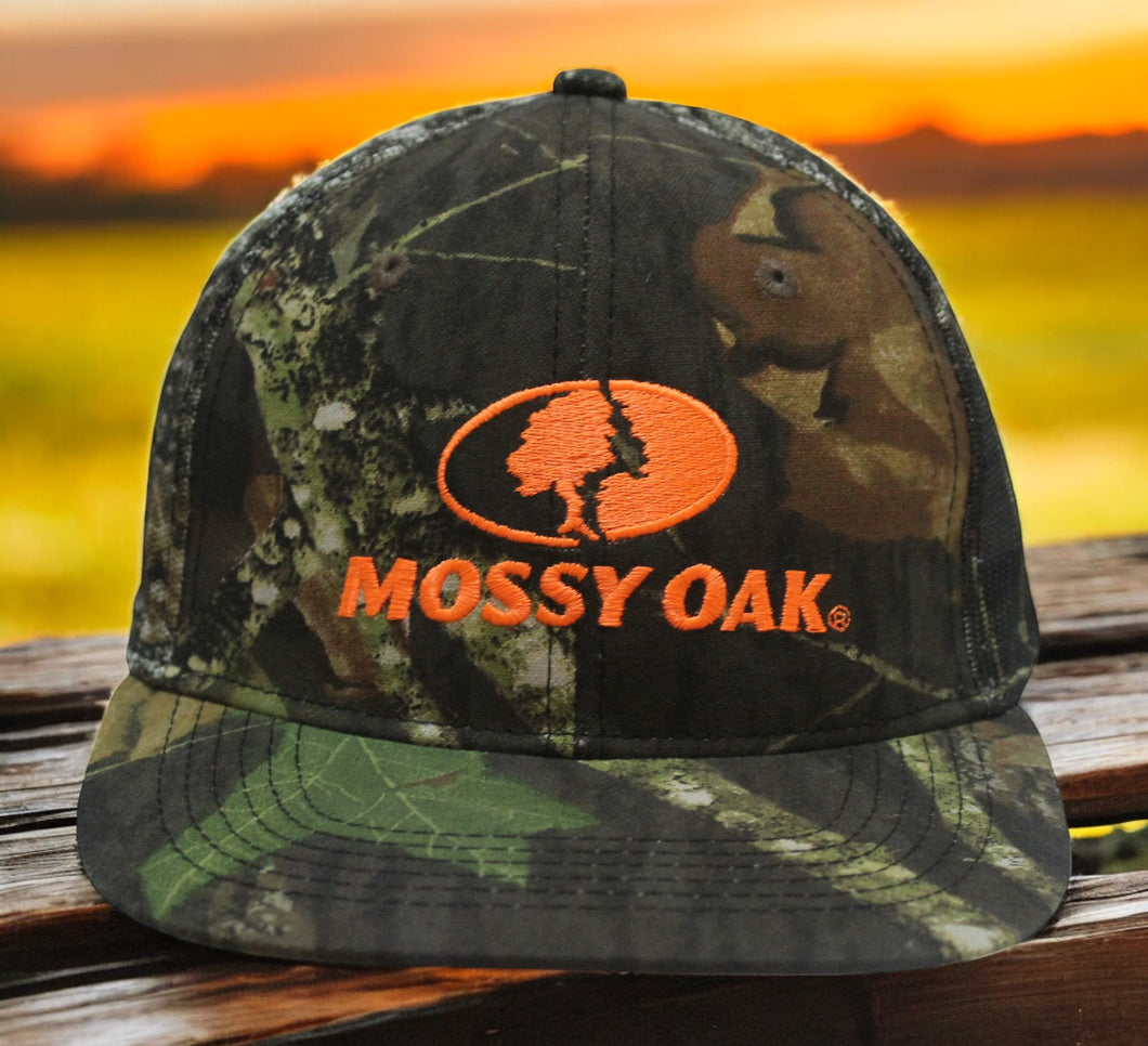 Mossy Oak Blaze Orange Logo Camo Mesh Back Flat Bill Mid-Profile Trucker Hat Cap (Modern Trucker Mid Crown) - Camo Chique & Spa Boutique
