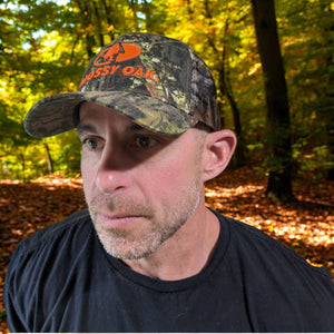 Mens Mossy Oak BU Blaze Orange 3D Logo Hunting Camo Precurved Mesh Trucker Hat Cap - Camouflage MOBU Mesh Back, Snap Back, Low-Mid Crown, Structured Hunters Hat Cap - Camo Chique & Spa Boutique