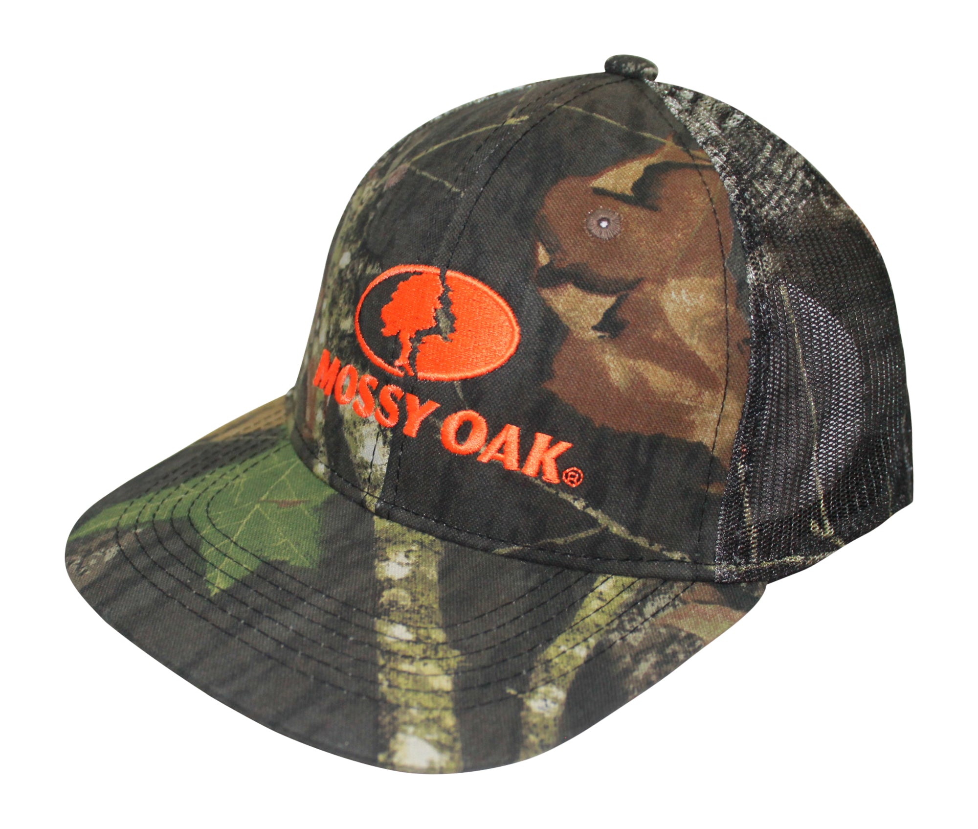 Mossy Oak Blaze Orange Logo Camo Mesh Back Flat Trucker Hat Cap