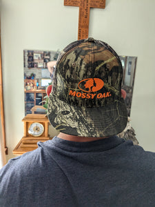 Mossy Oak Blaze Orange Logo Camo Mesh Back Flat Bill Mid-Profile Trucker Hat Cap (Modern Trucker Mid Crown) - Camo Chique & Spa Boutique