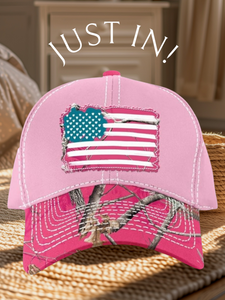 Womens Realtree AP Hot Pink Heart Frayed Flag Unique One of a Kind Camo Hat Cap, Ladies Fit - Camo Chique & Spa Boutique