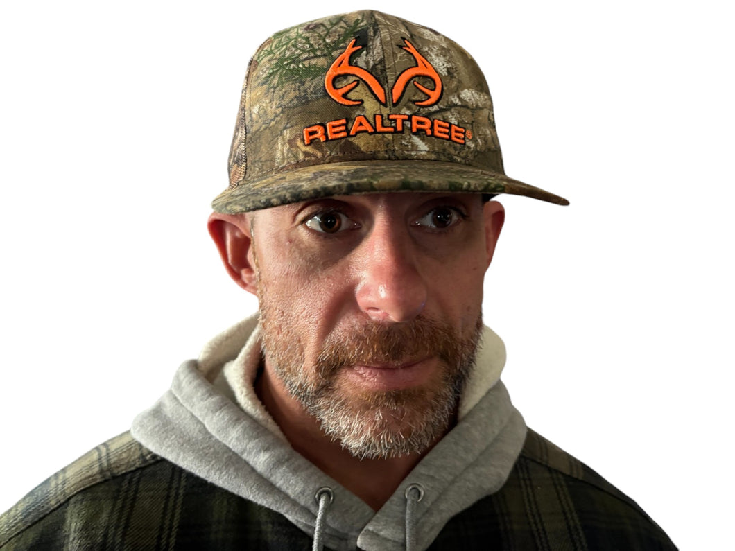 Realtree 3D Blaze Orange Antler Logo Mid Crown Flat Bill Edge Camo Mesh Trucker Cap Hat Snapback Mid Profile Structured Wicking Sweatband - Camo Chique & Spa Boutique