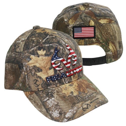 Realtree Edge Patriotic 3D Antler Logo Flag Camo Cap Hat, Precurved, Sweatband, Snapback, Embroidered Antler Logo USA Flag Patch Americana American Flag CamoCap Hat - Camo Chique & Spa Boutique