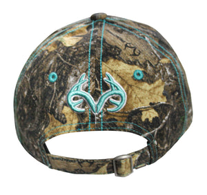 Womens Realtree Edge 3-D Logo Teal Turquoise Blue Green Aqua Camo Cap Hat, Wicking Sweatband, 6 Panel, Curved