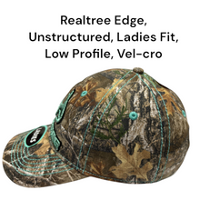 Load image into Gallery viewer, Realtree Edge Womens Teal Glitter Camo Antler Logo Cap, Teal 3D Antler Logo Contrast Stitching, Adjustable Vel-cro Back - Camo Chique &amp; Spa Boutique
