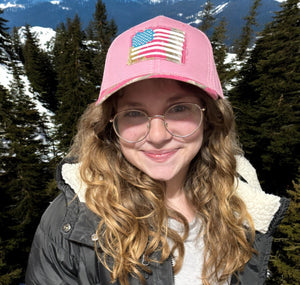 Realtree AP Hot Pink Camo Frayed American Flag Baseball Cap Hat for Women, Ladies Fit, Velcro Back - Camo Chique & Spa Boutique