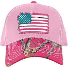 Load image into Gallery viewer, Realtree AP Hot Pink Camo Frayed American Flag Baseball Cap Hat for Women, Ladies Fit, Velcro Back - Camo Chique &amp; Spa Boutique
