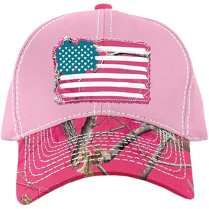 Realtree AP Hot Pink Camo Frayed American Flag Baseball Cap Hat for Women, Ladies Fit, Velcro Back - Camo Chique & Spa Boutique