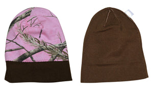 Realtree Womens AP Pink Camo 12" Beanie Knit Cap w/Brown Lining & Cuff, Real Tree All Purpose Pink / Brown